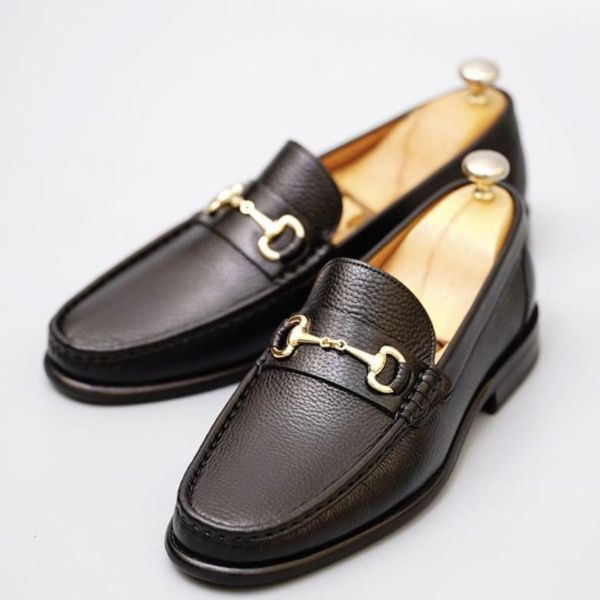 Men's Black Pebbled Leather Horsebit Loafers